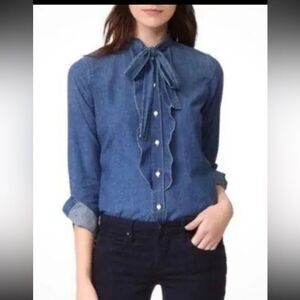 AMO Denim Ruffle Tie Neck Blouse Chambray Button Up size S